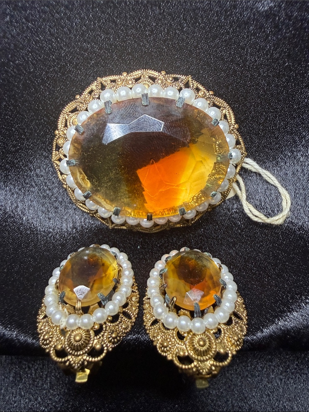 Vintage Gold-Tone Amber Crystal and Pearl Brooch with Matching Clip-On Earrings